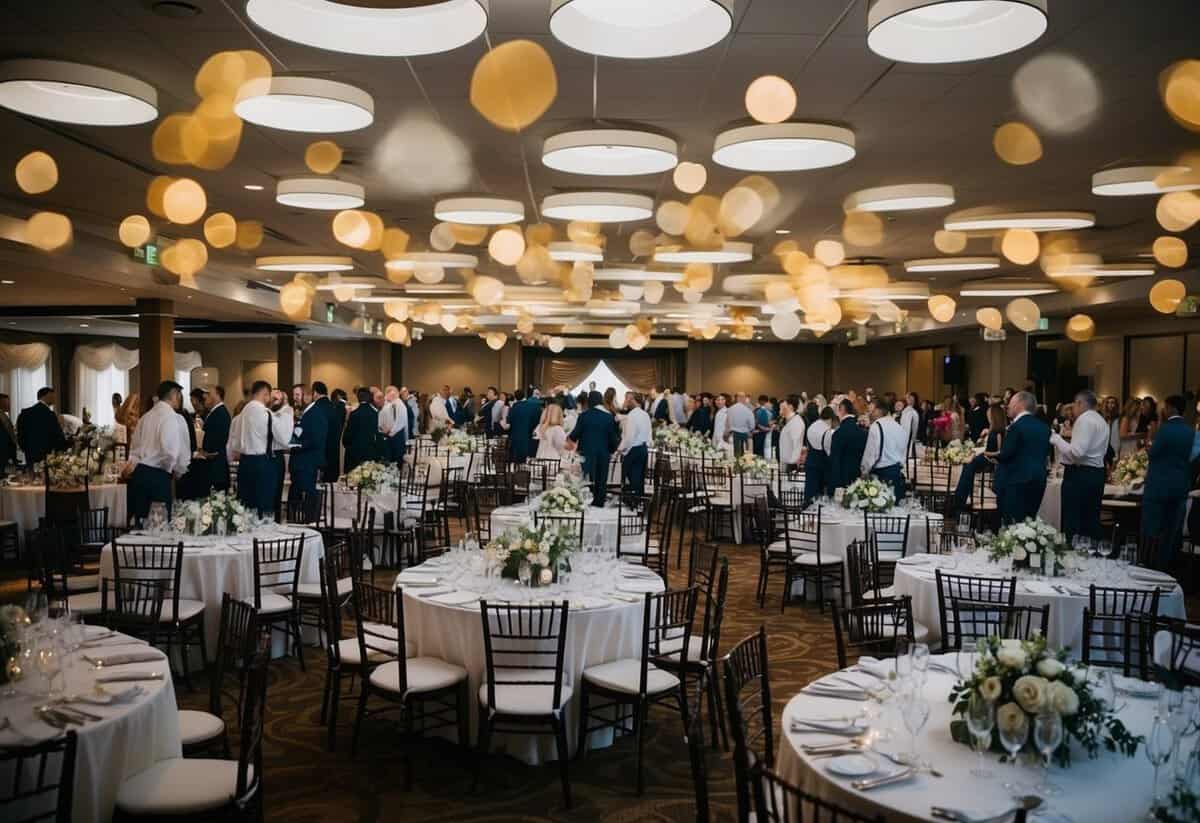 A crowded wedding venue with 100 chairs, tables, and decorations set up for a celebration