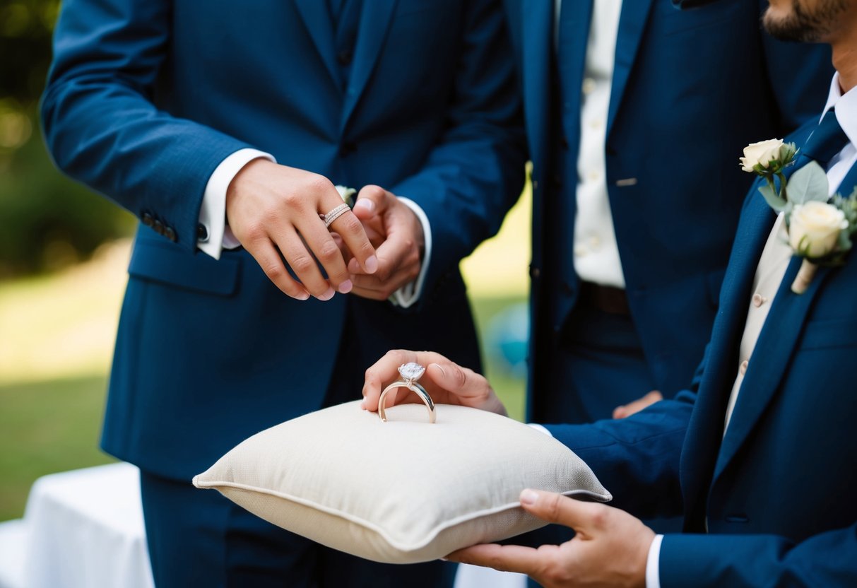 A suited figure stands beside the groom, holding the wedding rings on a cushion