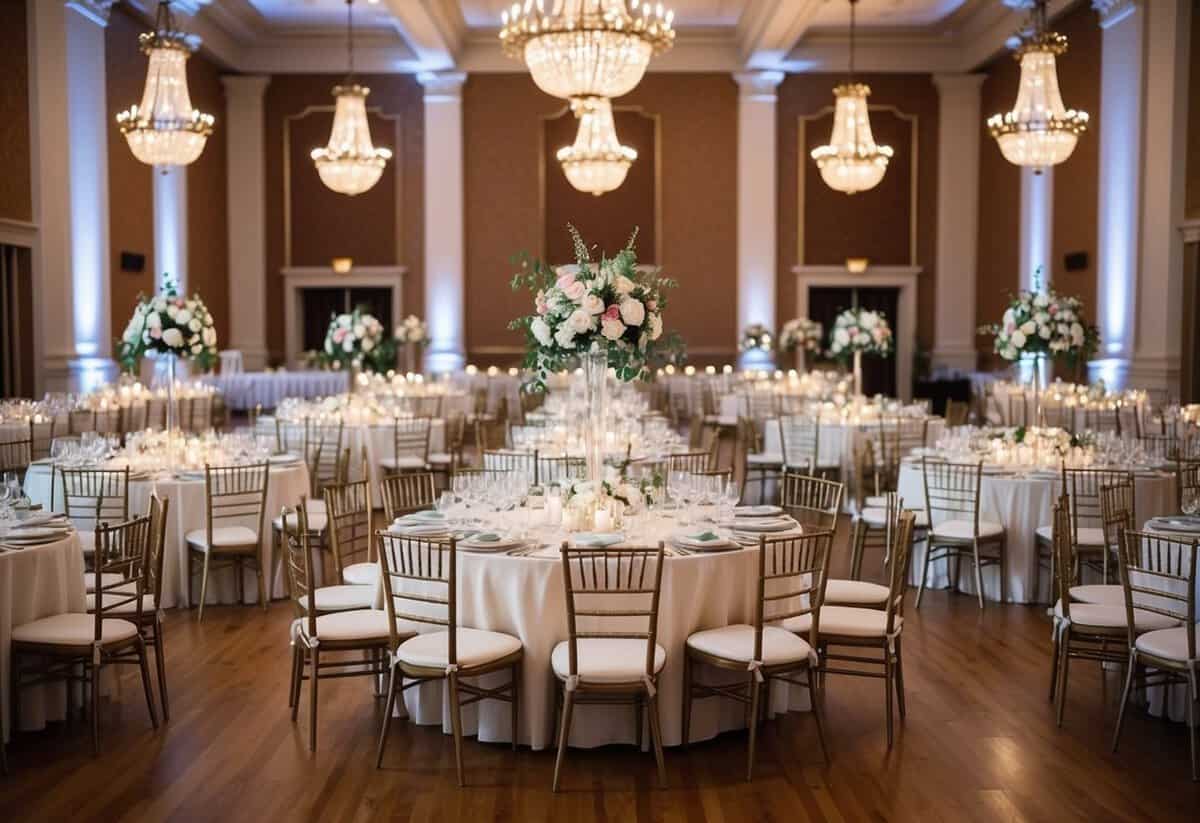 A grand banquet hall set for 100 guests with elegant table settings and floral centerpieces