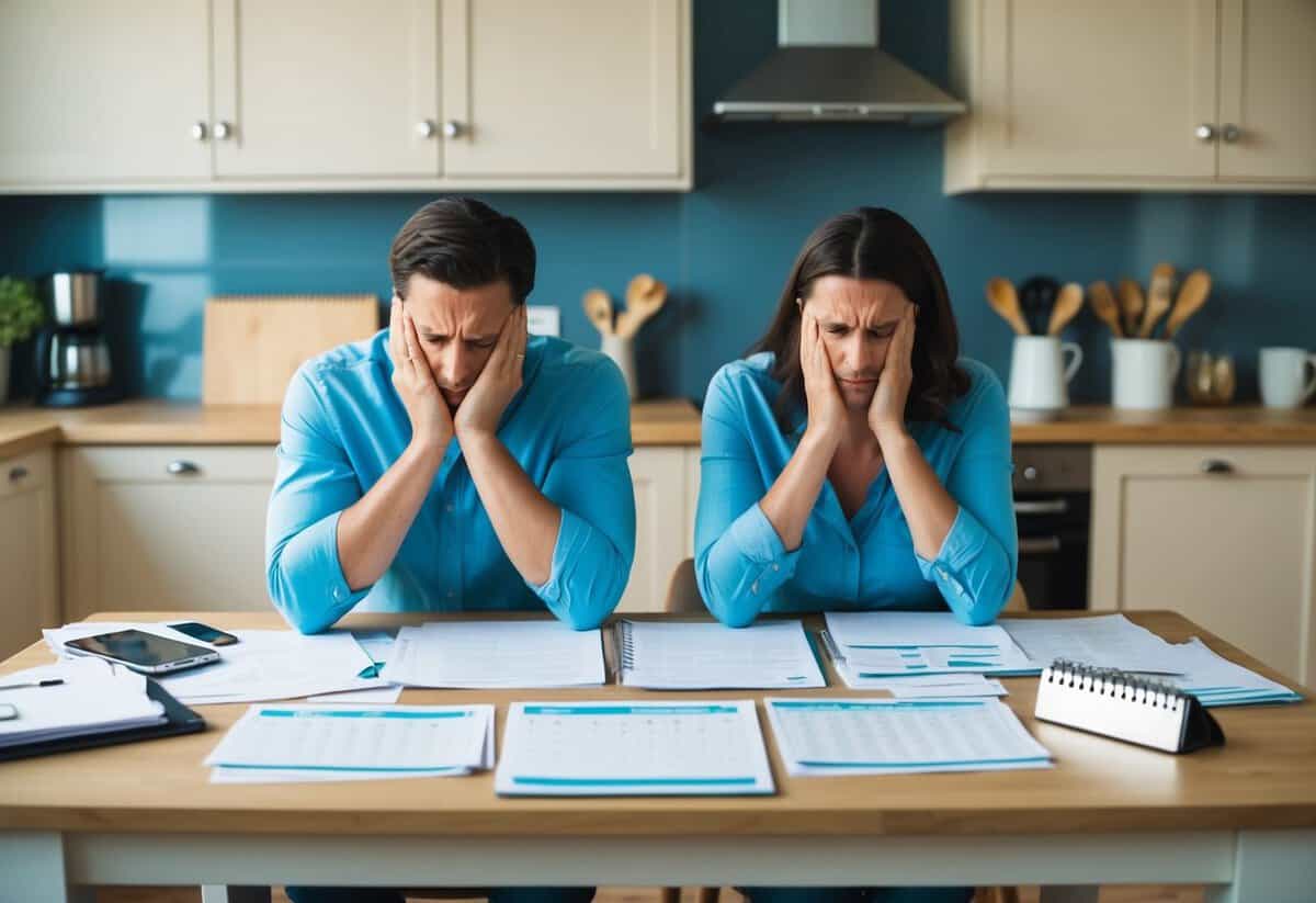 A couple sitting at a kitchen table, surrounded by papers and a calendar, looking stressed and frustrated