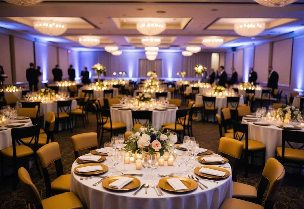 A banquet hall filled with elegantly set tables for 100 guests, adorned with floral centerpieces and soft candlelight