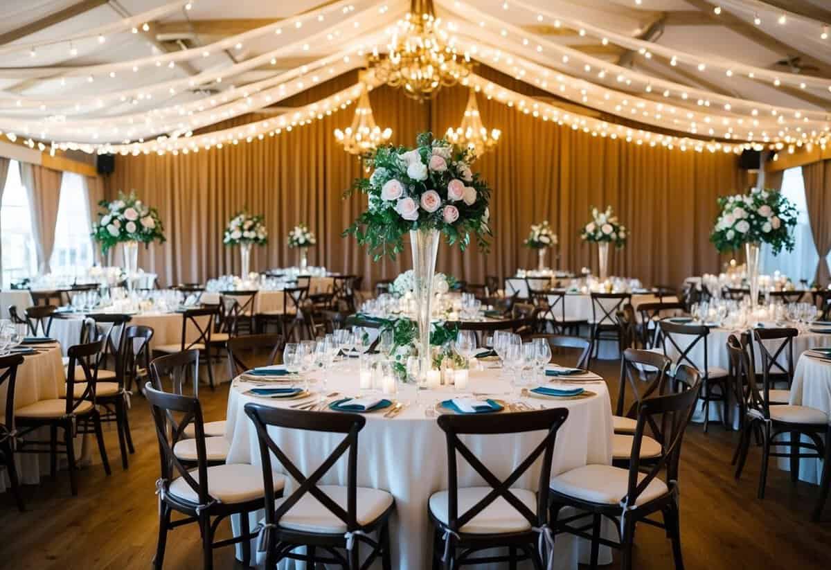 A beautifully decorated wedding venue with tables set for 100 guests, surrounded by twinkling lights and floral arrangements