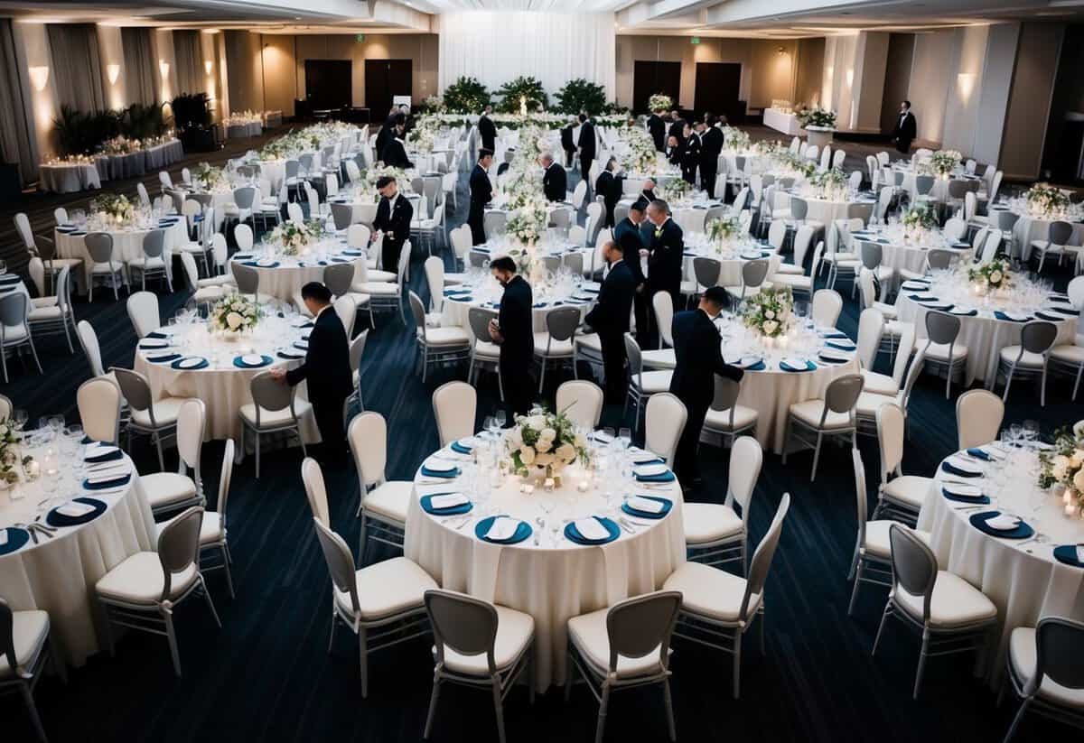 A large wedding venue with rows of chairs, tables set with elegant place settings, and a team of staff organizing and arranging for the comfort of 100 guests