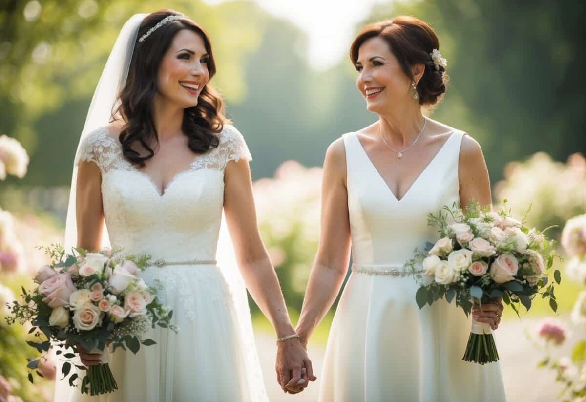 A bride and her mother stand side by side, holding hands and smiling. They are surrounded by flowers and a soft, romantic atmosphere