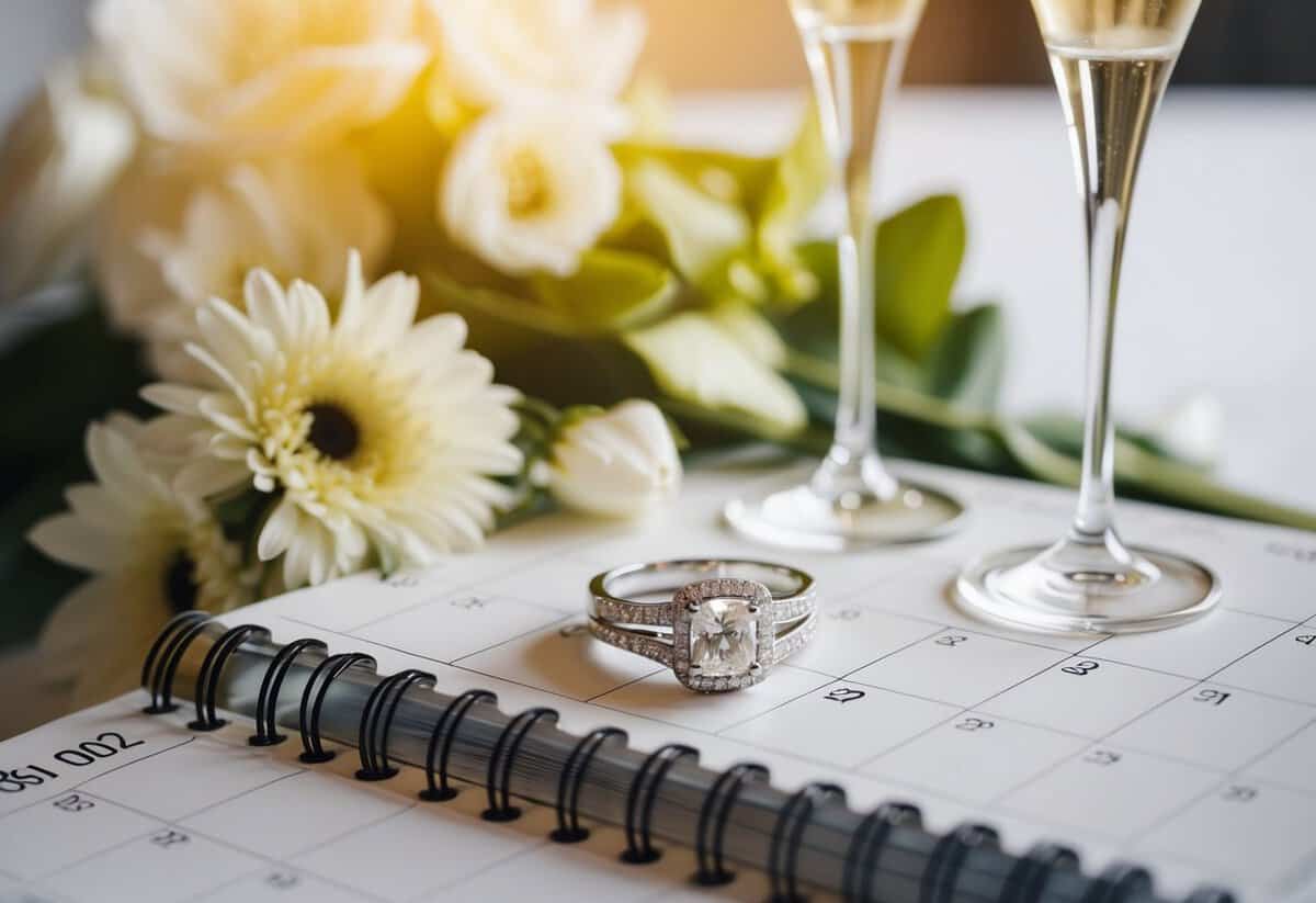 A wedding ring resting on a calendar, surrounded by flowers and a champagne glass