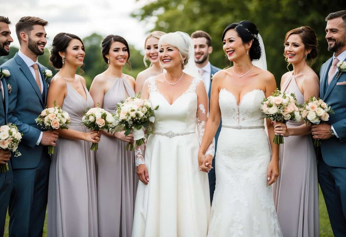 A bride and her mother standing side by side, holding hands and smiling, surrounded by a group of bridesmaids and groomsmen