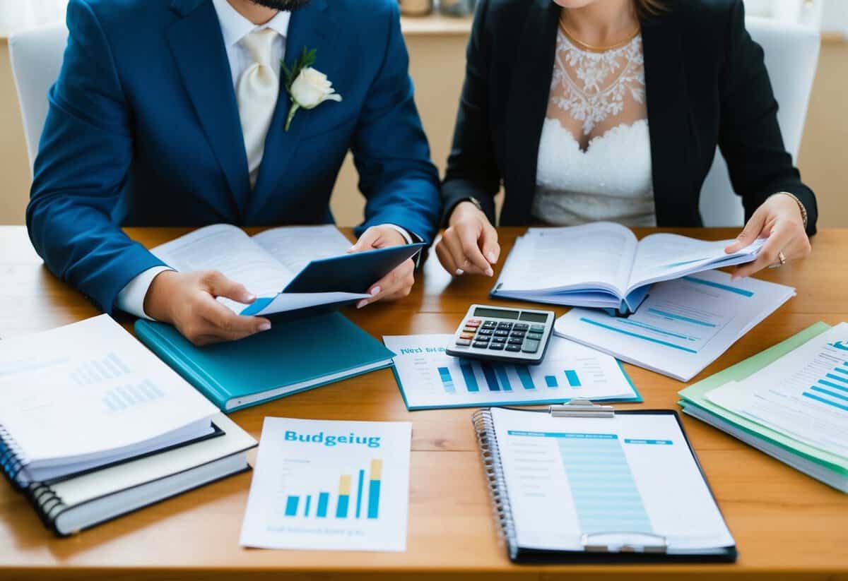 A couple sits at a table surrounded by wedding planning books, financial documents, and a calculator. They discuss budgeting and expenses for their upcoming wedding