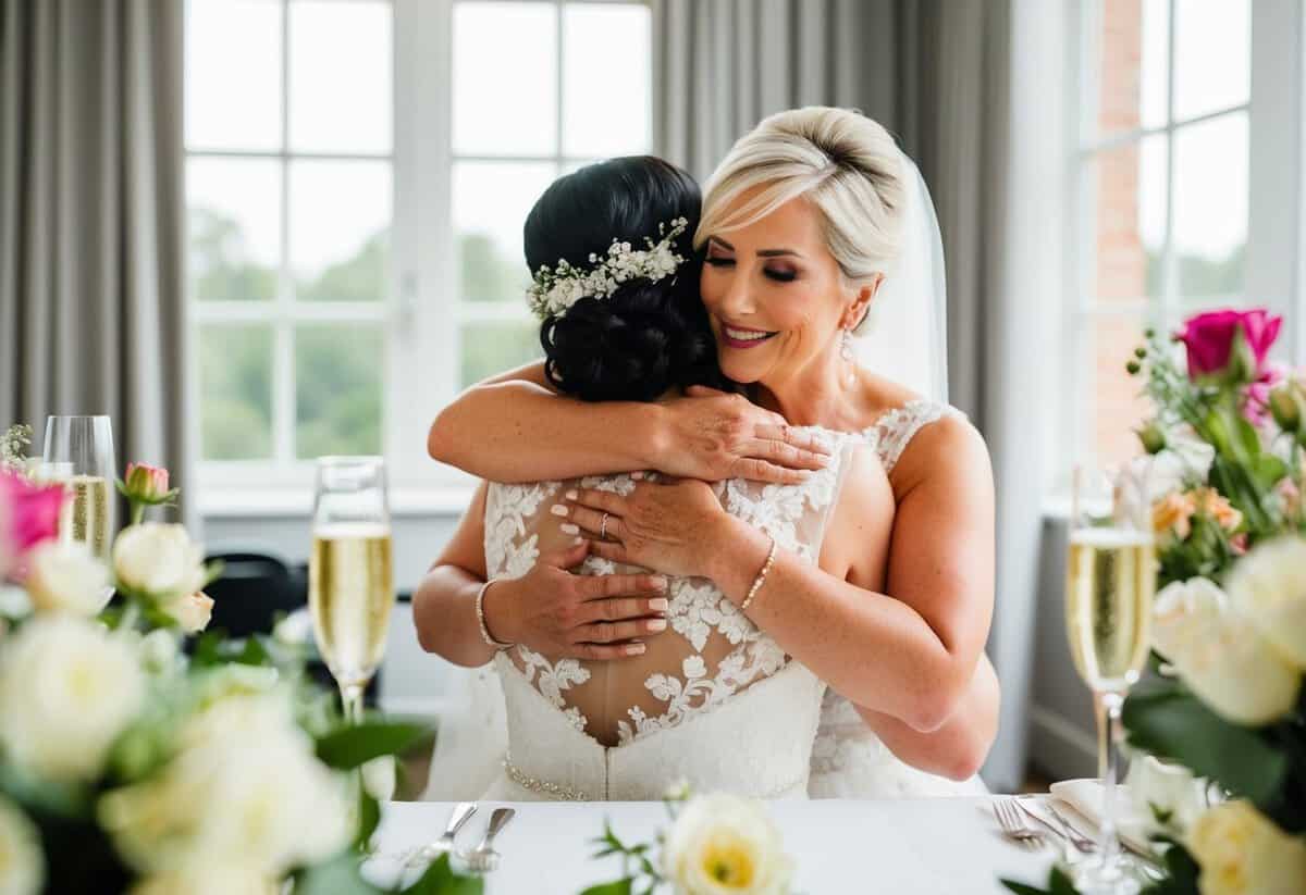 A bride and her mother embrace, surrounded by flowers and champagne glasses, sharing a special moment before the wedding