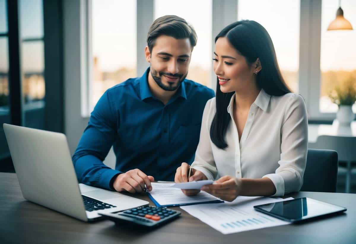 A couple sitting at a table with a laptop, calculator, and papers, discussing financial considerations for marriage
