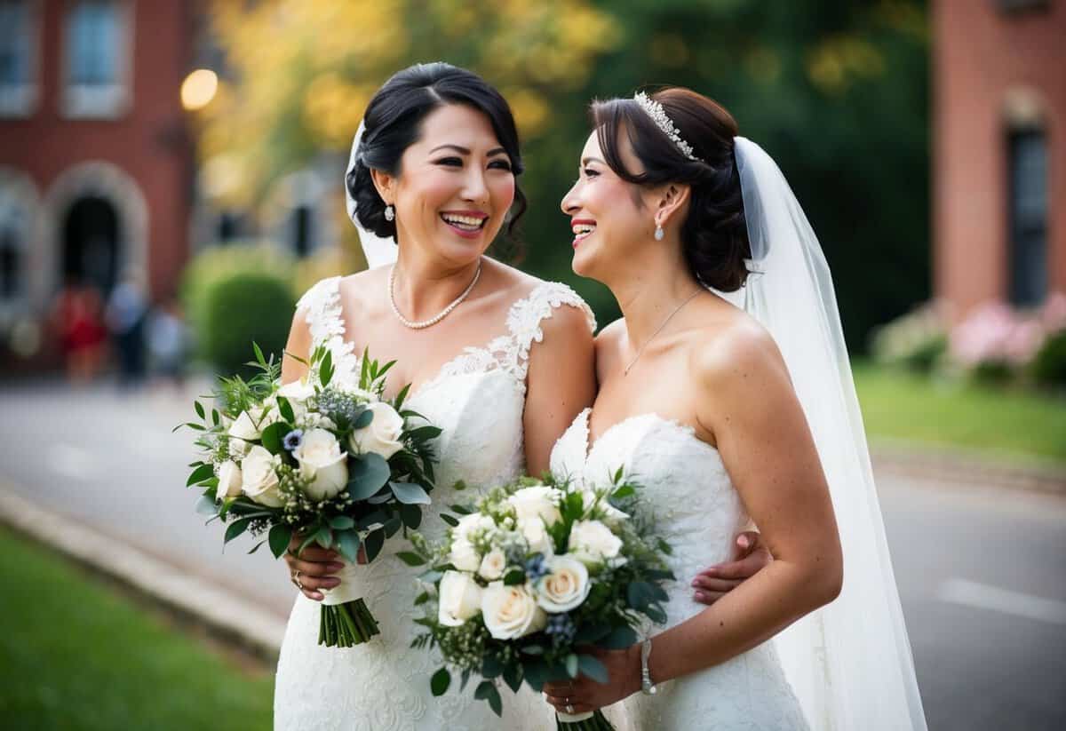 A bride and her mother stand side by side, holding matching bouquets, as they smile and look at each other with joy and love