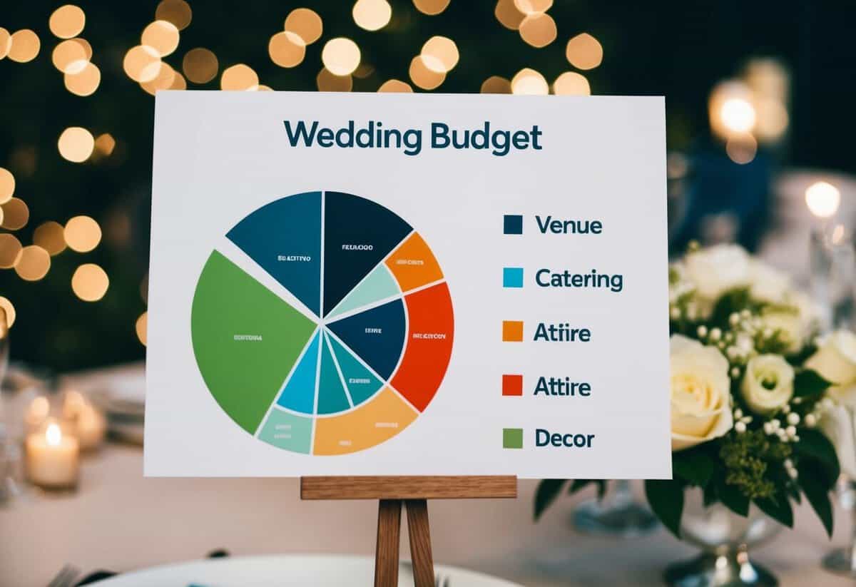 A wedding budget pie chart with sections for venue, catering, attire, and decor