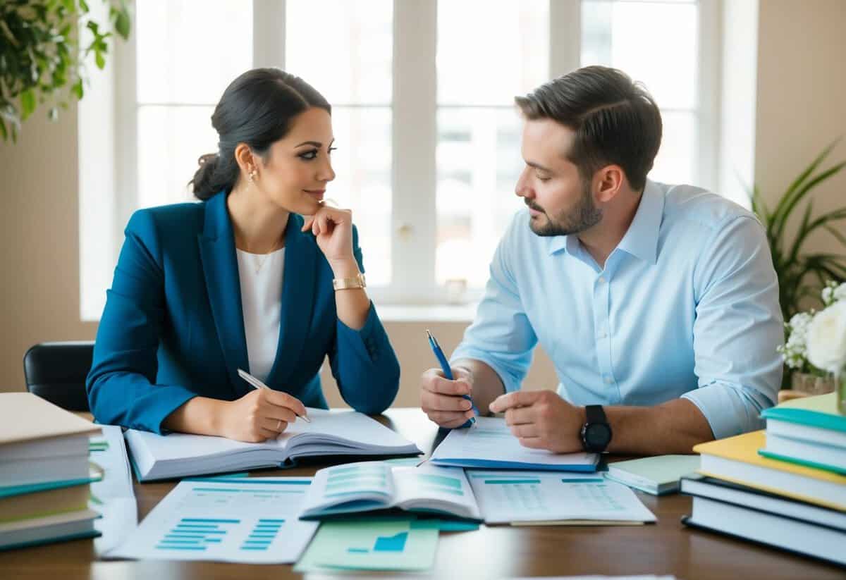 A couple sits at a table surrounded by wedding planning books and budget spreadsheets, deep in discussion about funding their upcoming nuptials