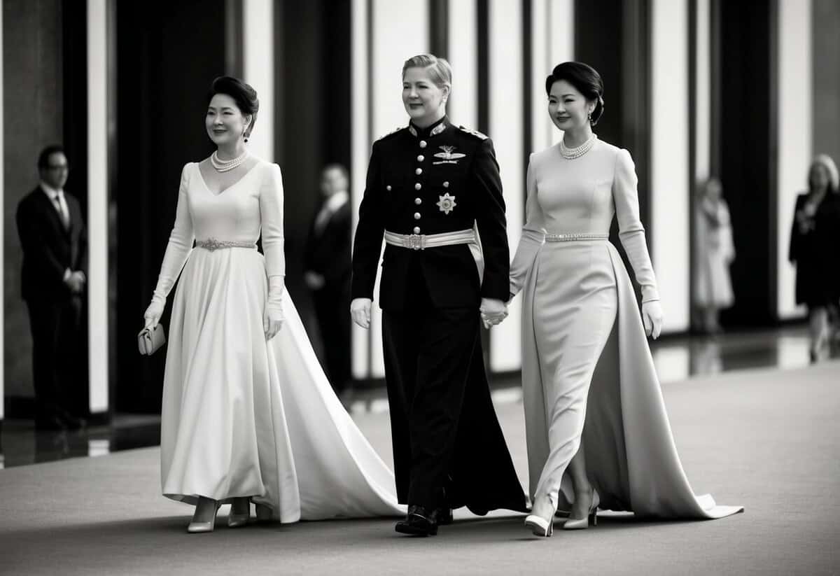A figure in a flowing gown walks alongside another figure in a matching outfit. They move gracefully, with an air of importance