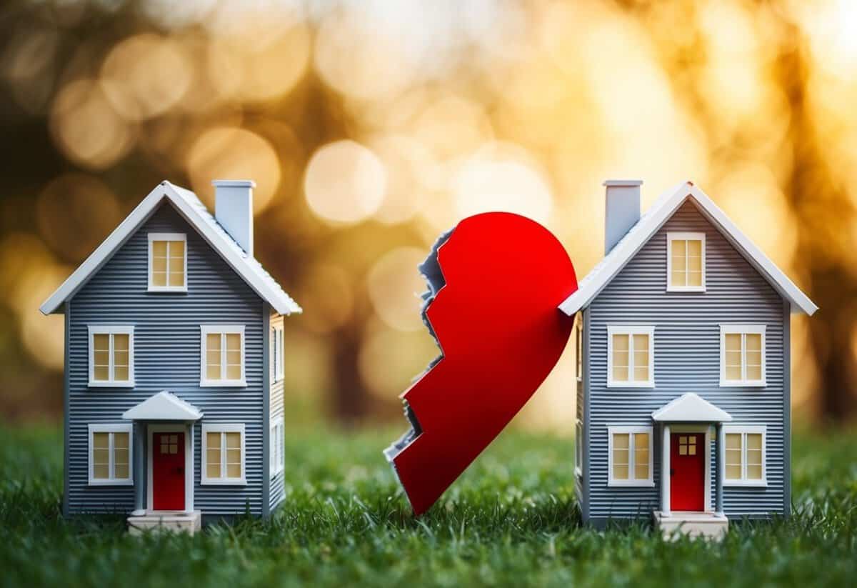 Two houses with a broken heart in the middle