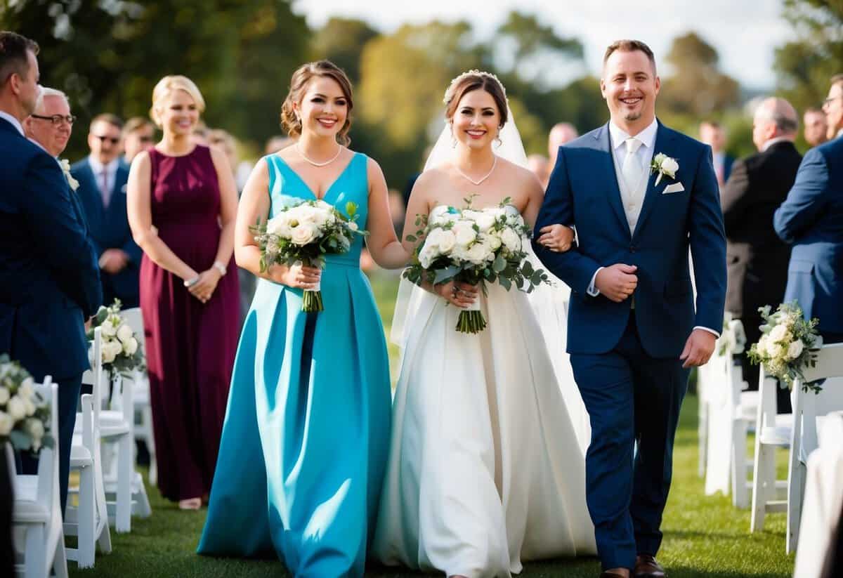 The maid of honor walks with the best man in the wedding processional