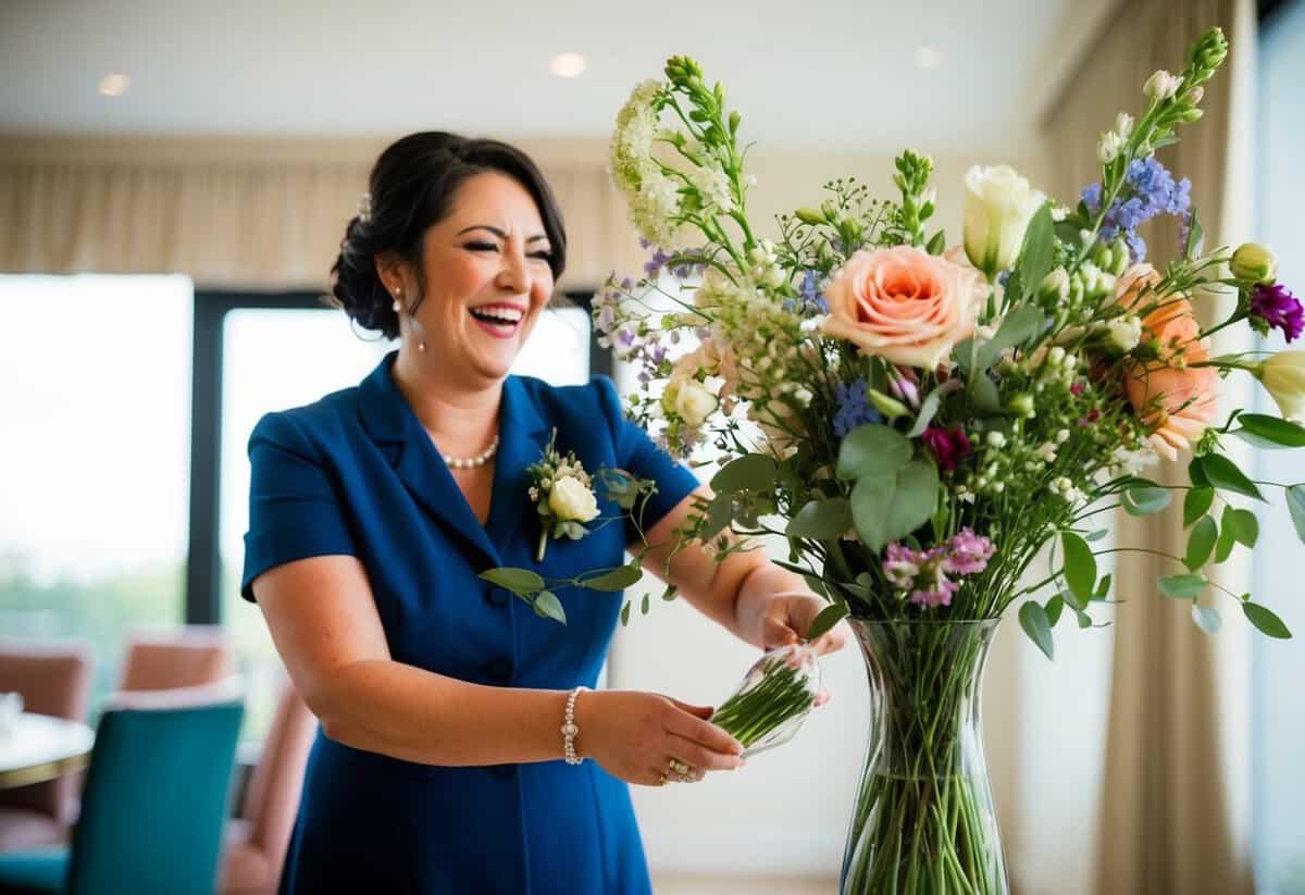 The groom's sister joyfully arranges flowers in a vase