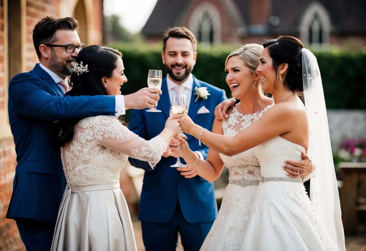 The groom's sister offers a heartfelt toast to the bride, as they share a warm embrace