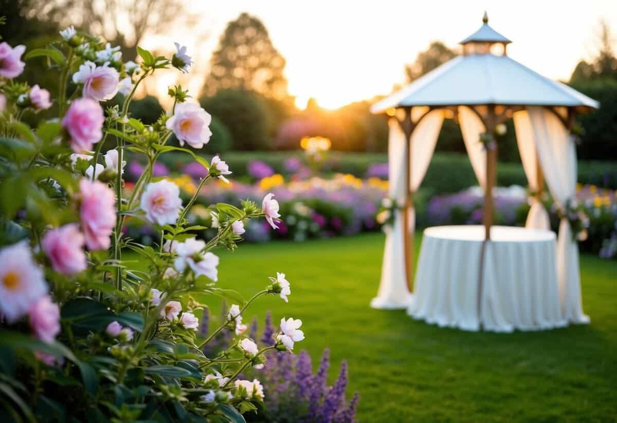 A garden with blooming flowers and a gazebo decorated for a wedding, with a soft sunset glow in the background