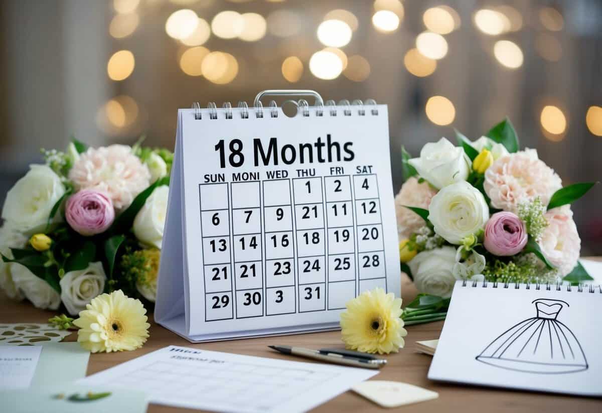 A calendar with the date 18 months in the future circled, surrounded by wedding planning materials like flowers, invitations, and a dress sketch