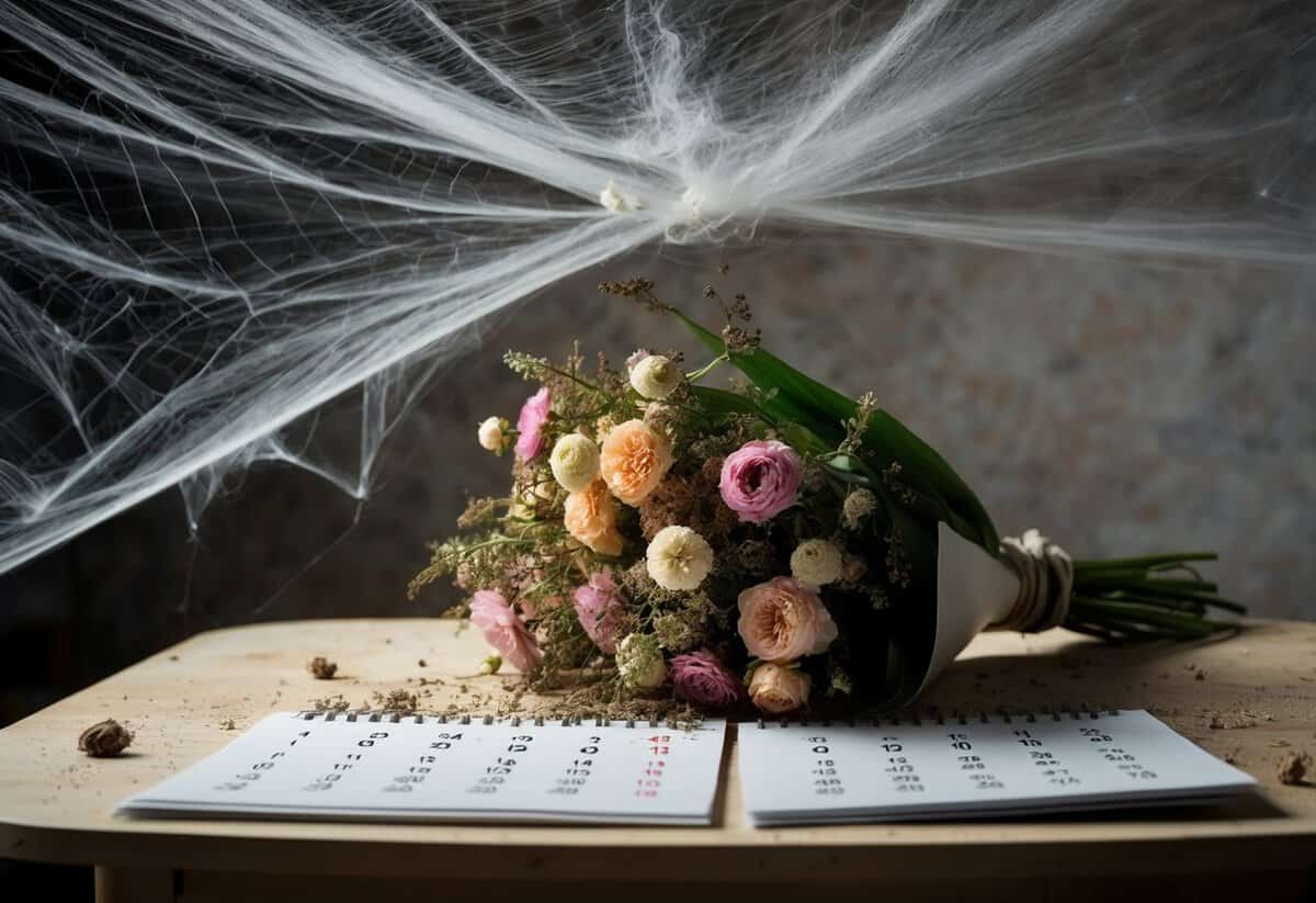 A wilted bouquet of flowers on a table, surrounded by cobwebs and dust, as the calendar flips from one year to the next