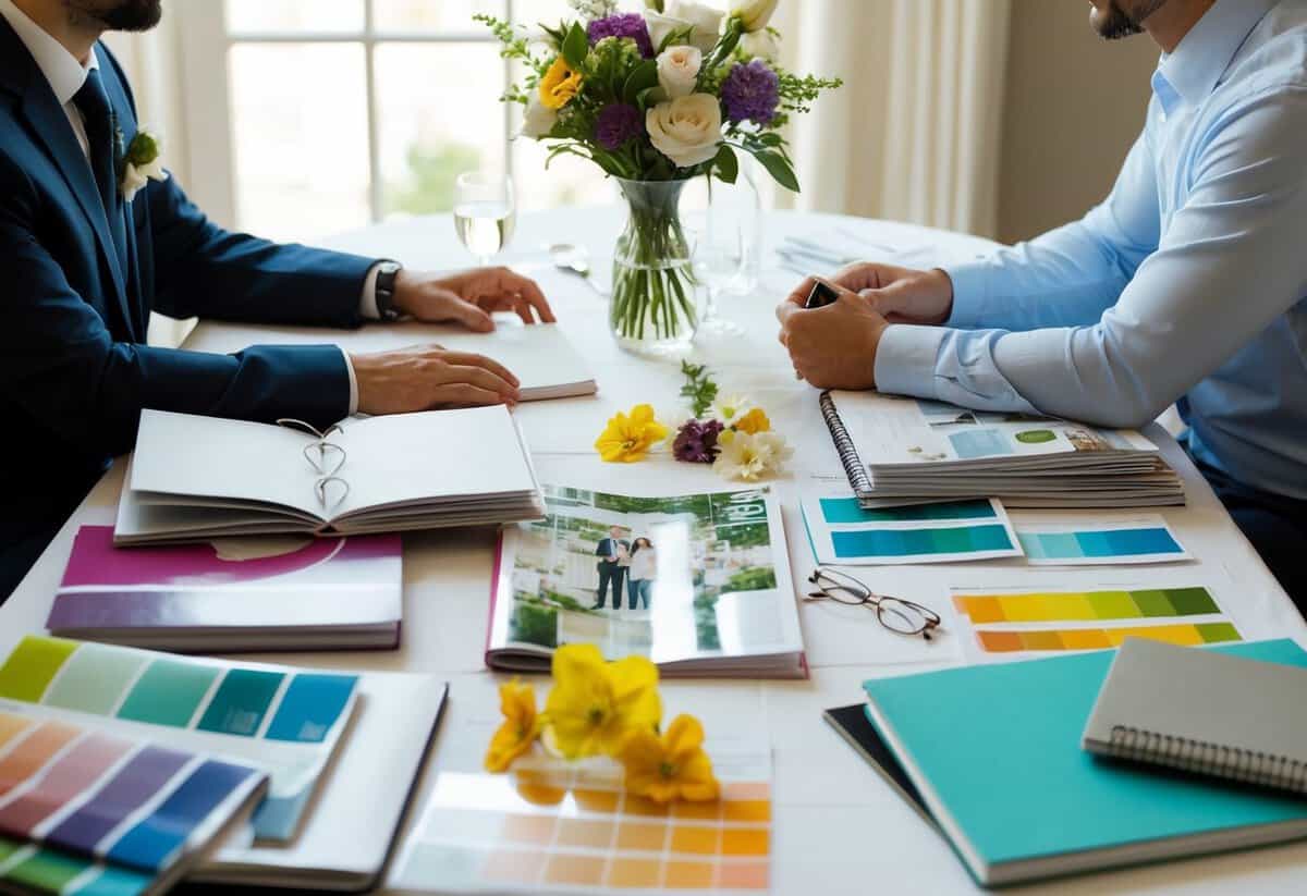 A couple sits at a table covered in wedding magazines and notebooks, surrounded by color swatches and flower samples, discussing their plans