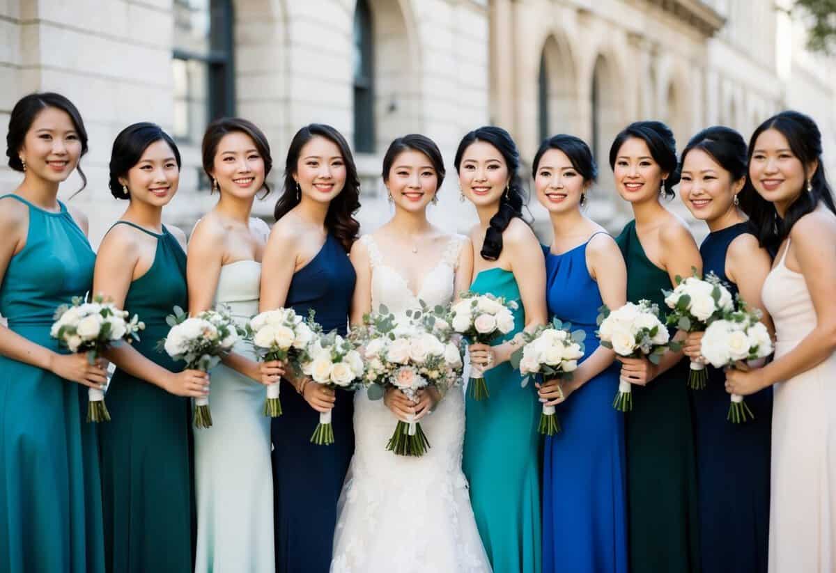 A group of elegantly dressed women standing together, holding bouquets and smiling, with no men present