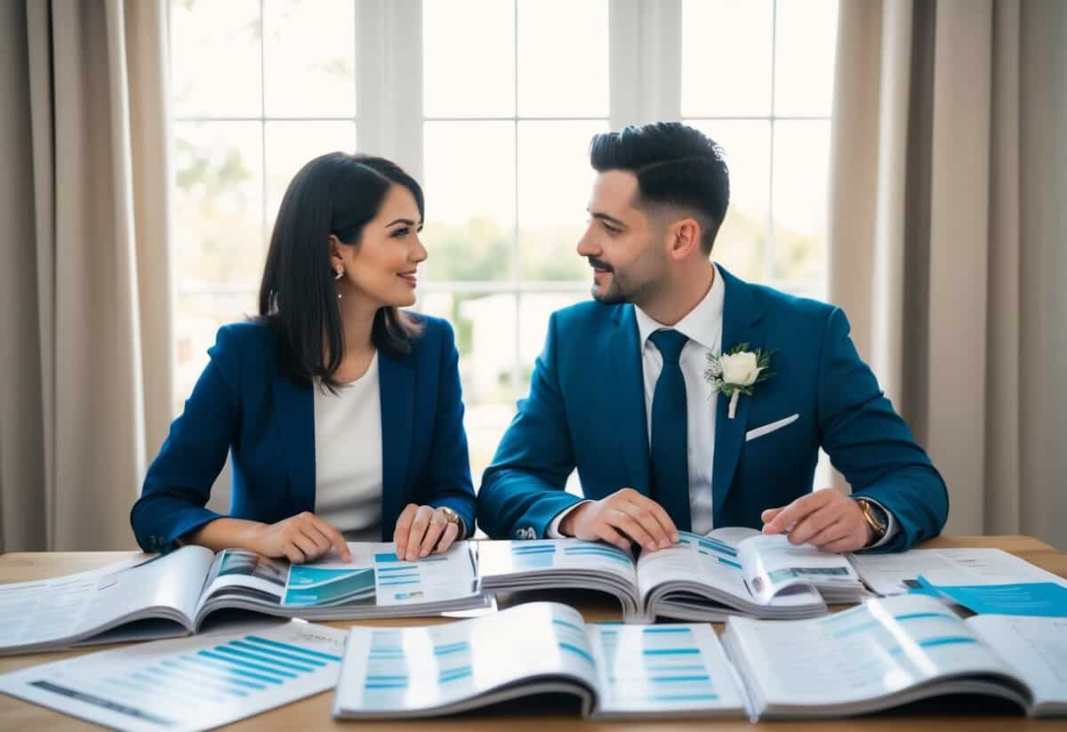 A couple sits at a table covered in wedding magazines and spreadsheets, discussing plans and ideas for their special day