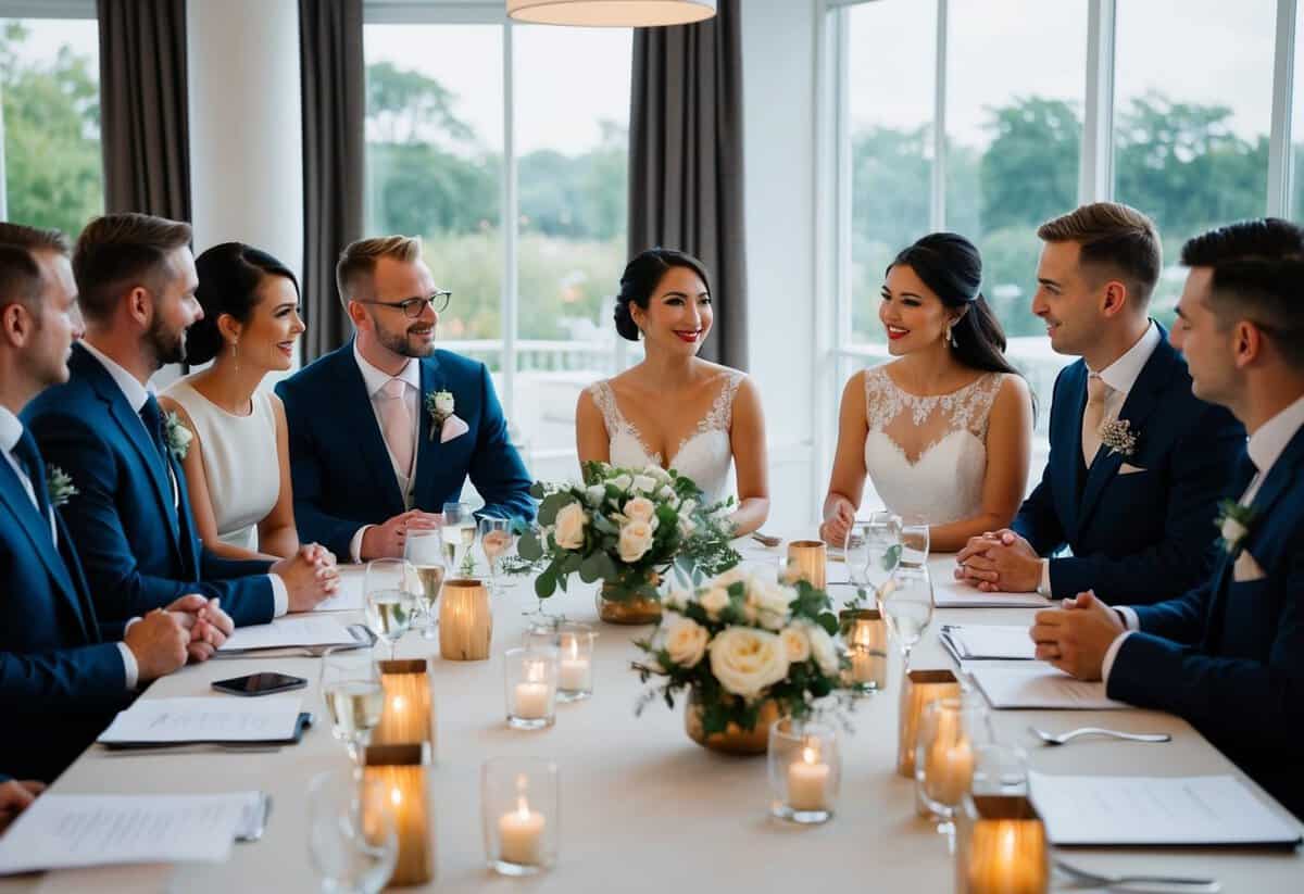 A couple sits at a table surrounded by wedding professionals, discussing plans and options for their upcoming wedding