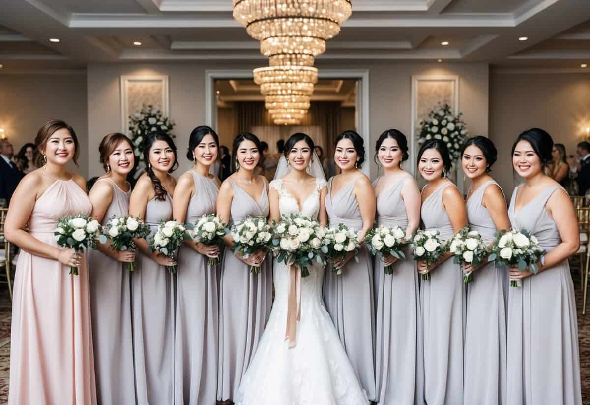 A group of bridesmaids in matching dresses stand together, holding bouquets, while the bride stands in the center, smiling. The scene is set in a beautifully decorated ceremony and reception venue
