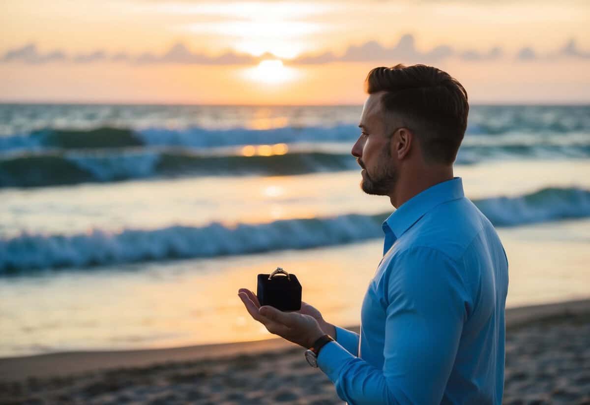 A man stands alone on a beach at sunset, looking out at the ocean with a ring box in his hand, the waves crashing in the background