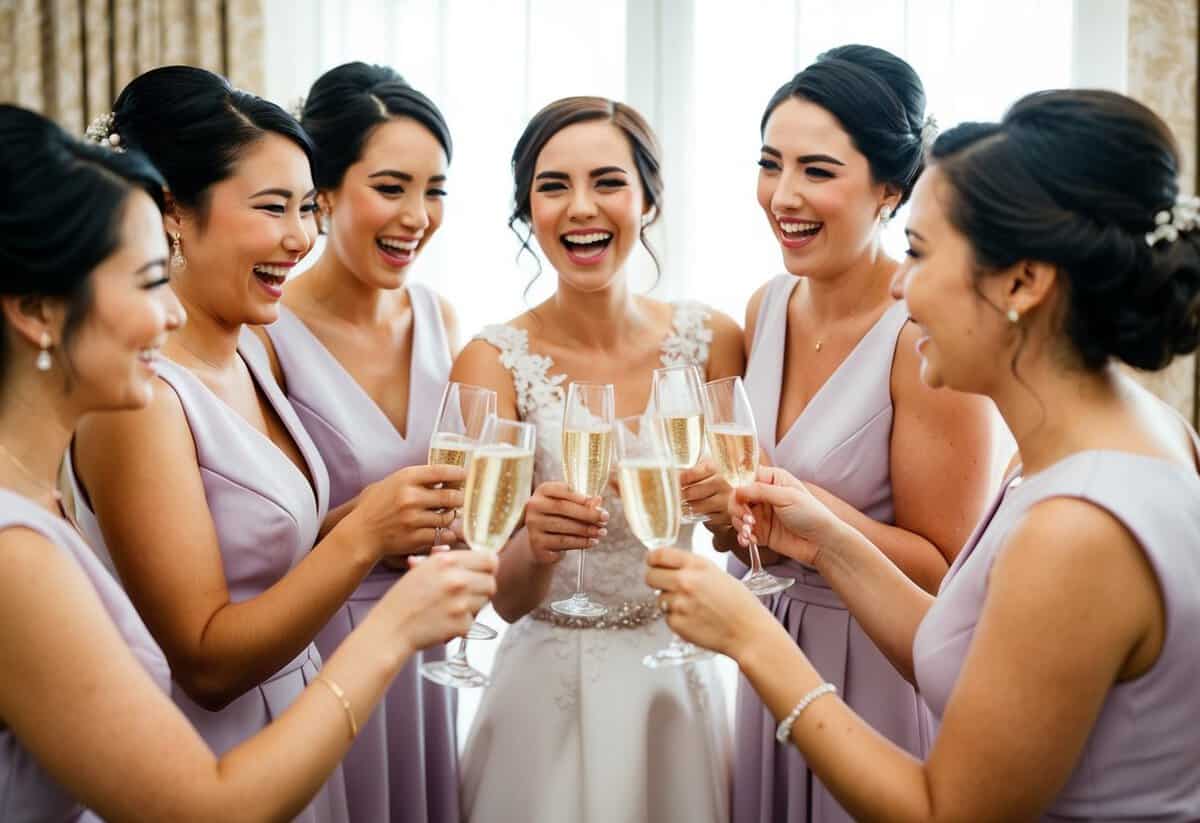 A group of bridesmaids in matching attire gather for a pre-wedding celebration, laughing and toasting the bride-to-be with champagne