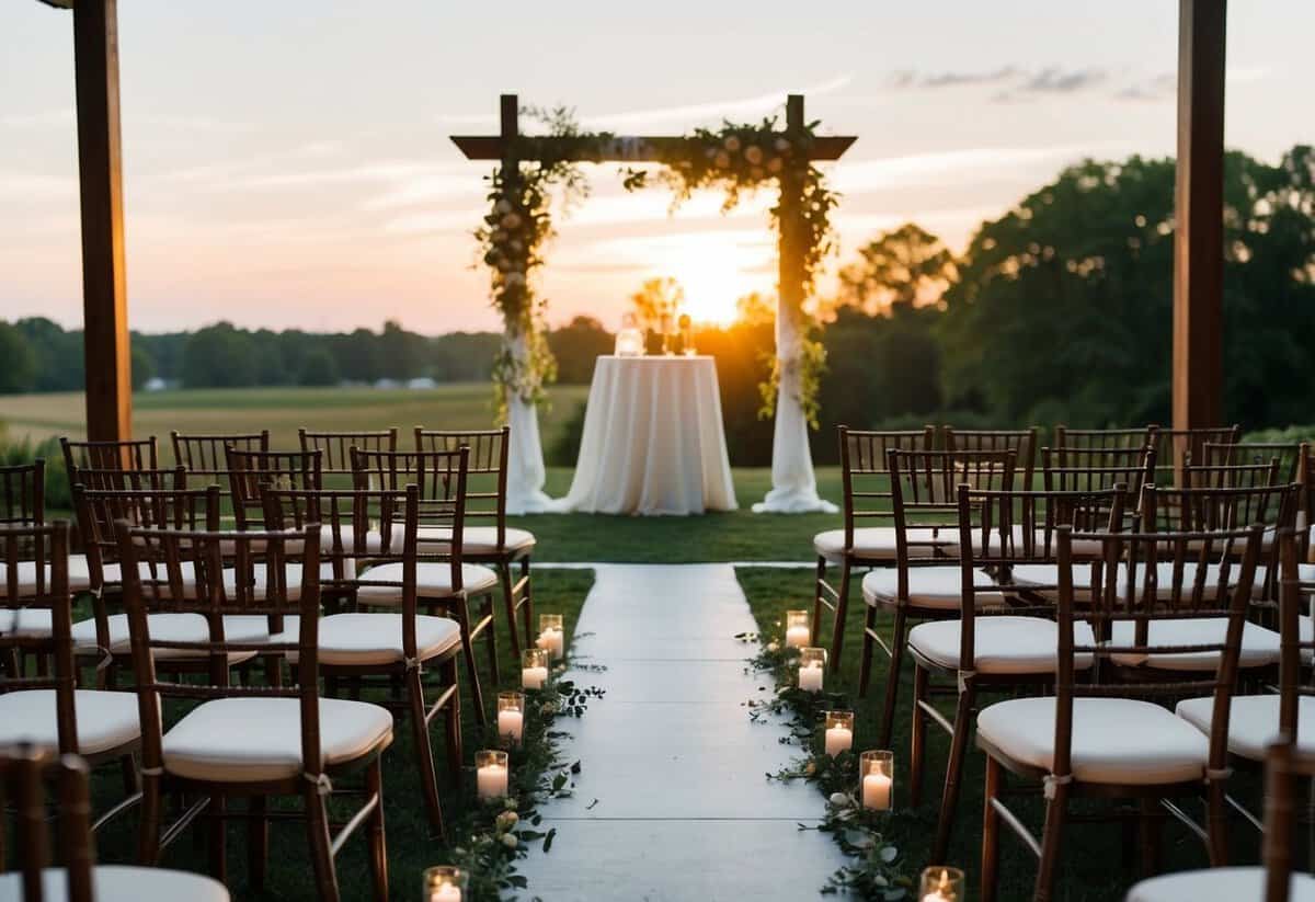 A decorated wedding altar with empty chairs facing it, as the sun sets in the background