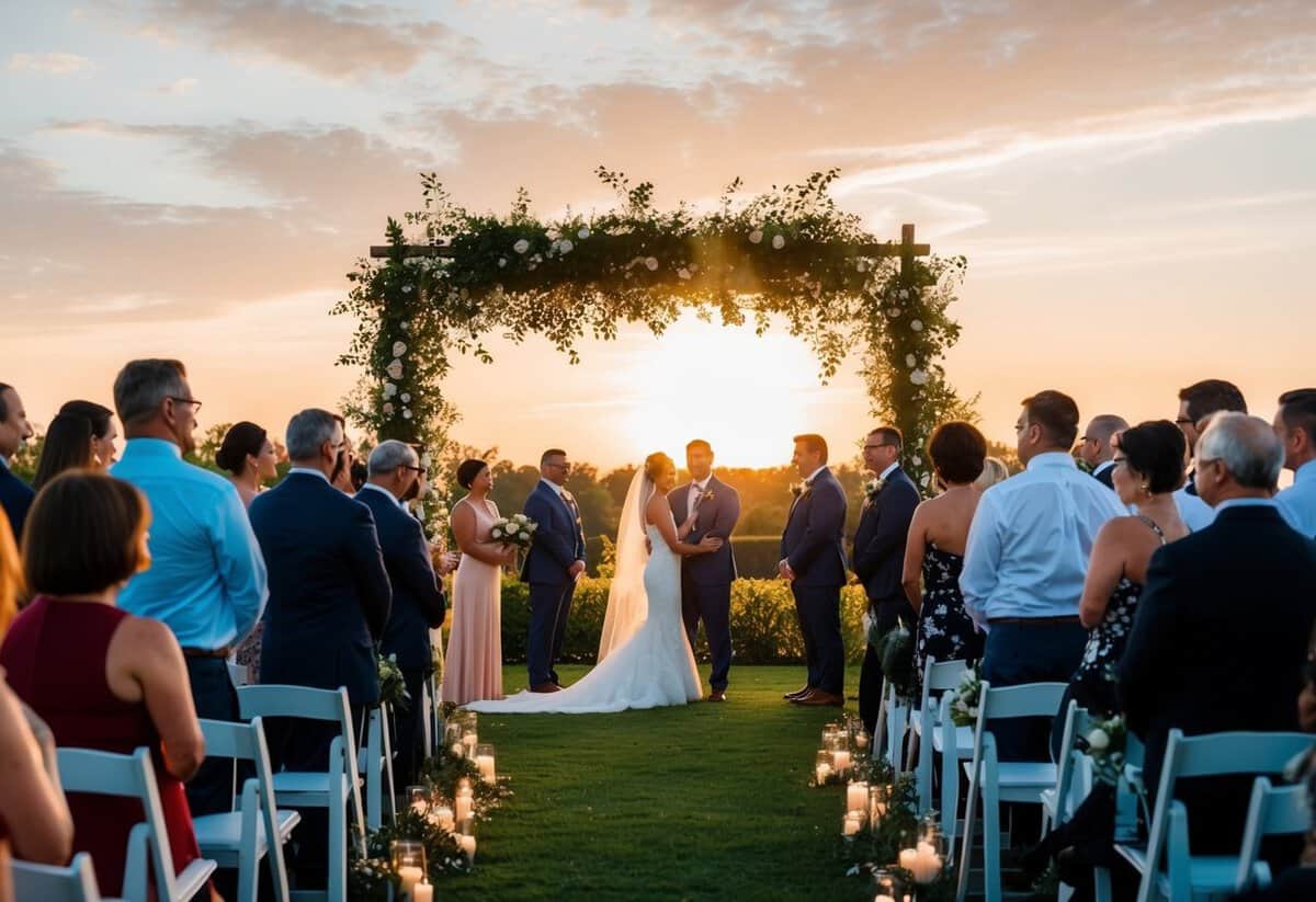 A wedding ceremony begins in the late afternoon, with the sun setting in the background and guests gathering in an outdoor setting