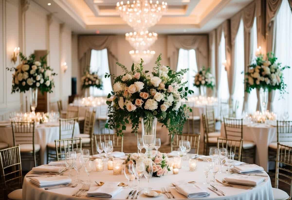 A lavish wedding venue with elegant decor and floral arrangements