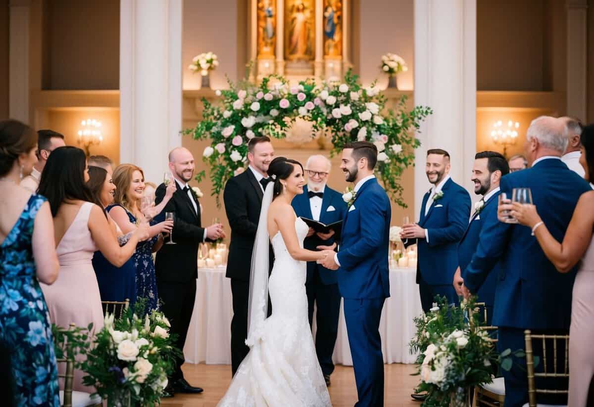 A wedding ceremony begins at a floral-adorned altar, followed by a joyful reception with dancing and toasts