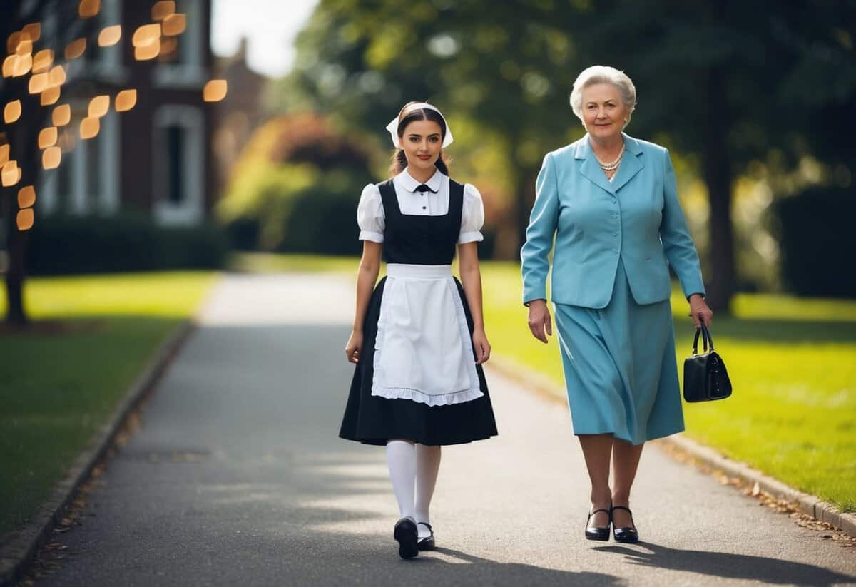 A young maid leads the way, followed by an older matron