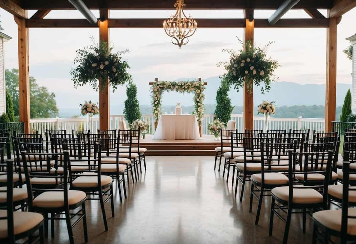 A wedding venue with rows of chairs, a decorated altar, and a picturesque setting