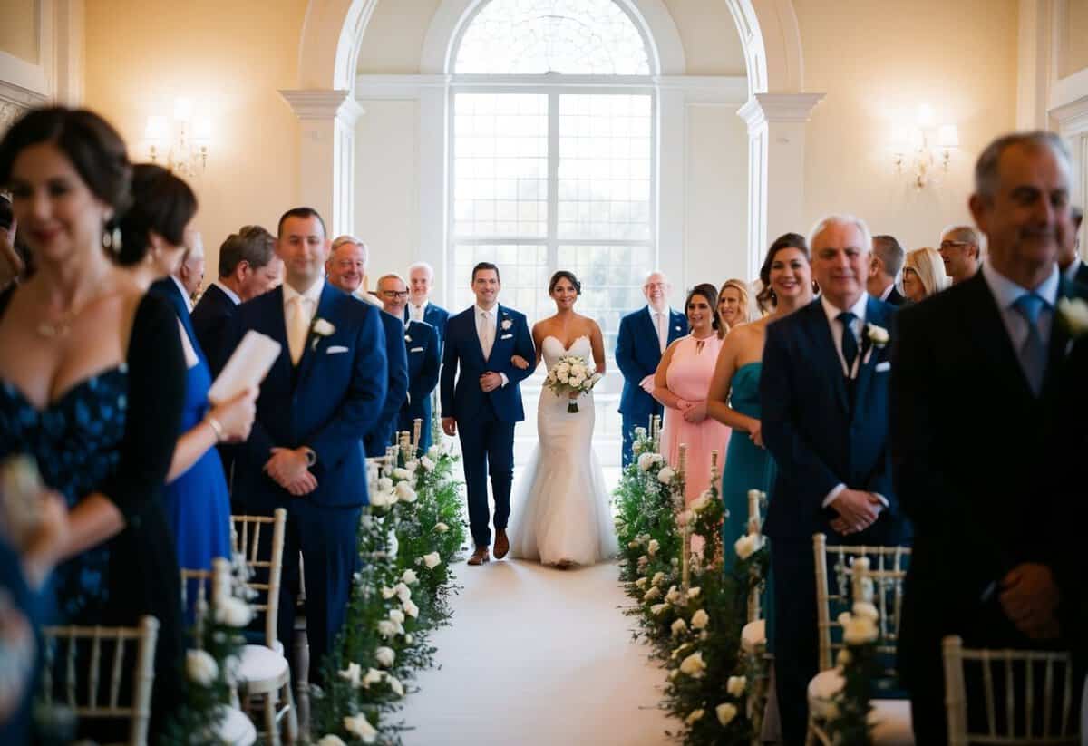 A line of elegant figures, one standing slightly ahead of the other, moving gracefully down the aisle