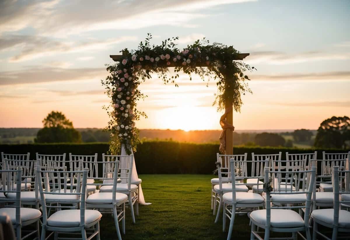 The sun sets behind a picturesque outdoor wedding venue, with chairs neatly arranged and a floral arch at the front