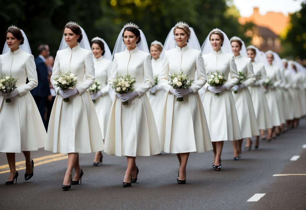 A line of ceremonial figures, maid followed by matron, walking in procession