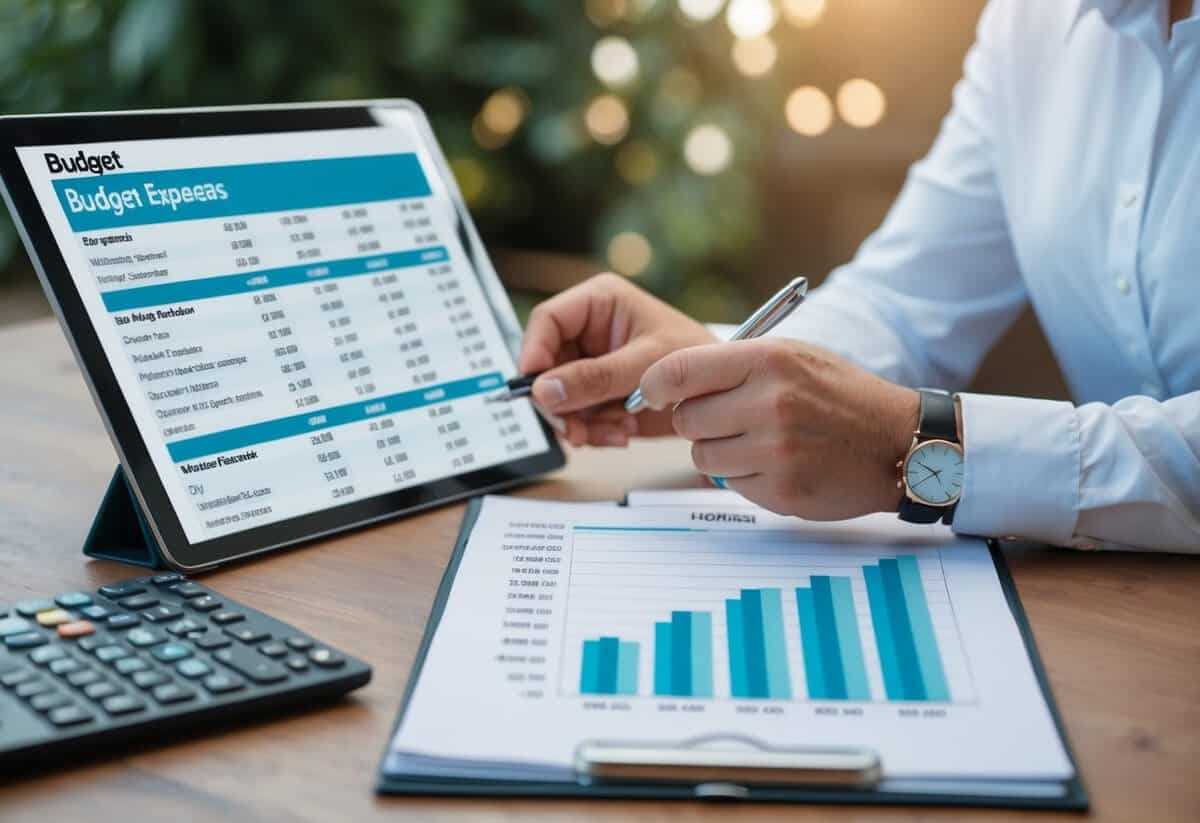 A wedding planner reviewing a budget spreadsheet with large expenses highlighted