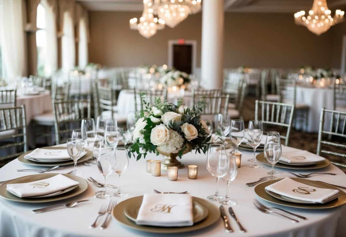 A wedding venue adorned with elegant decorations and personalized details, such as monogrammed napkins and custom centerpieces, exuding a sense of luxury and attention to detail