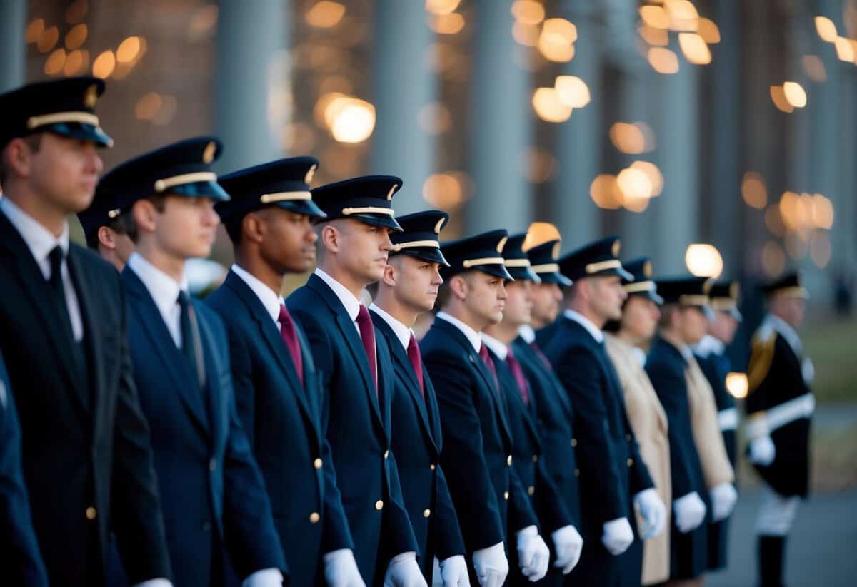 A line of figures in formal attire, arranged in a processional order, with one figure positioned ahead of the others
