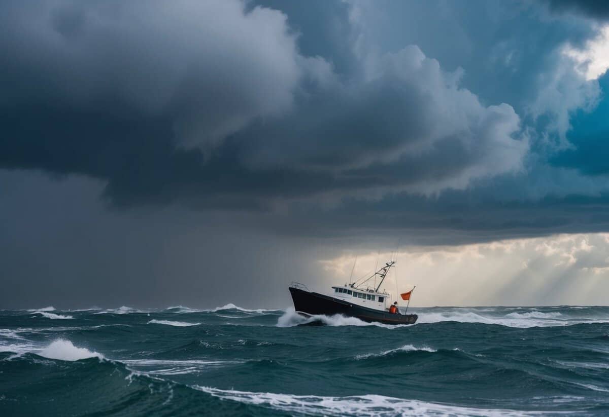 A stormy sea with a lone boat struggling against towering waves and dark clouds overhead