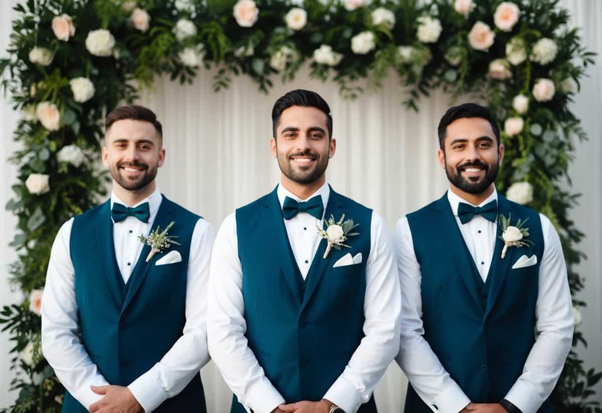 Three best men standing in a line, wearing matching suits and boutonnieres, with a decorative backdrop of flowers and greenery
