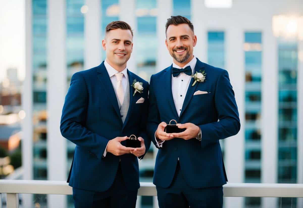 The best man standing beside the groom, holding the wedding rings in a small box