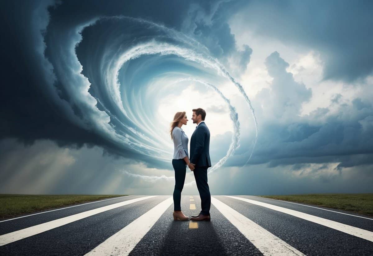 A couple standing at a crossroads, surrounded by swirling winds and stormy skies, symbolizing the challenges of commitment over time