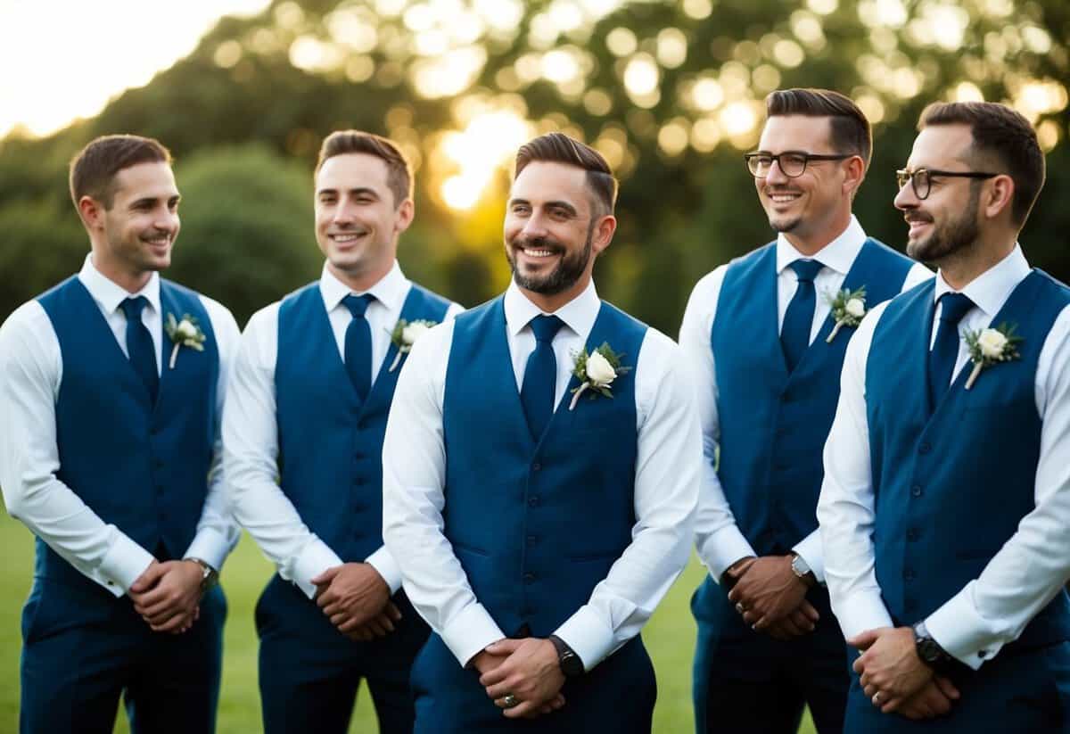 A group of best men stand together, smiling and chatting, as they await the start of the wedding ceremony