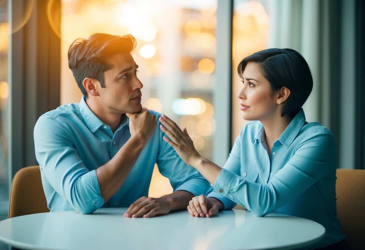 A couple sitting at a table, one with a worried expression and the other offering a supportive hand