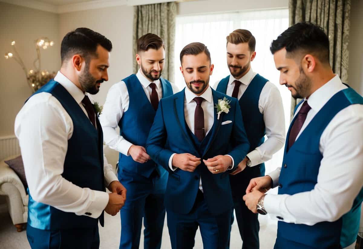 A group of best men preparing for the wedding day, arranging suits and ties